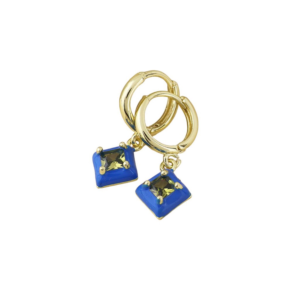 POM Candy Stainless Steel Gold Plated Hoop Blue Crystal Diamond Charm Earrings