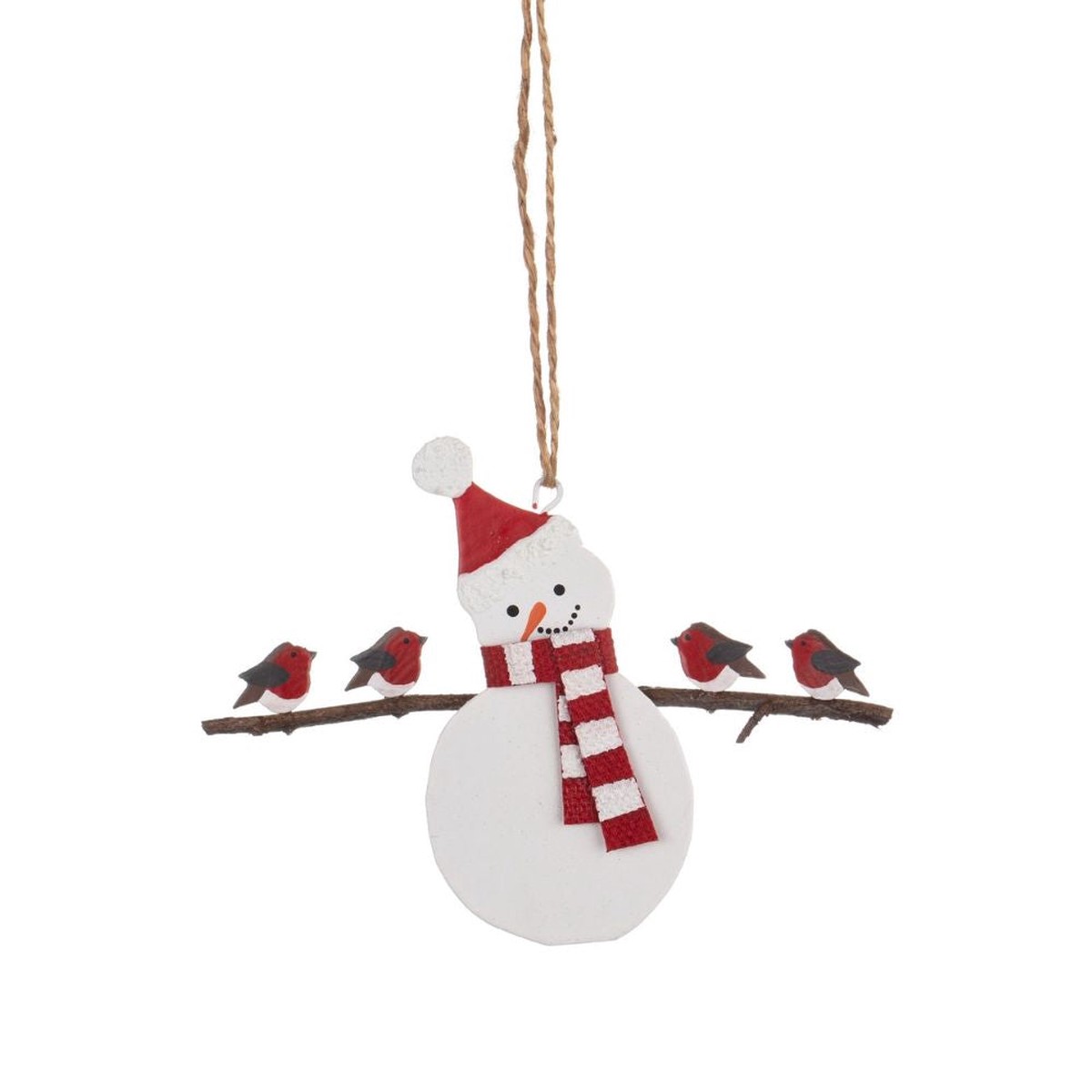 Shoeless Joe Snowman Holding Robins Metal Hanging Decoration