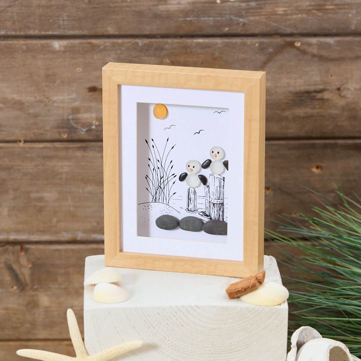 Richard Langs Glass Pebble Seagulls Wooden Frame - 8FG100