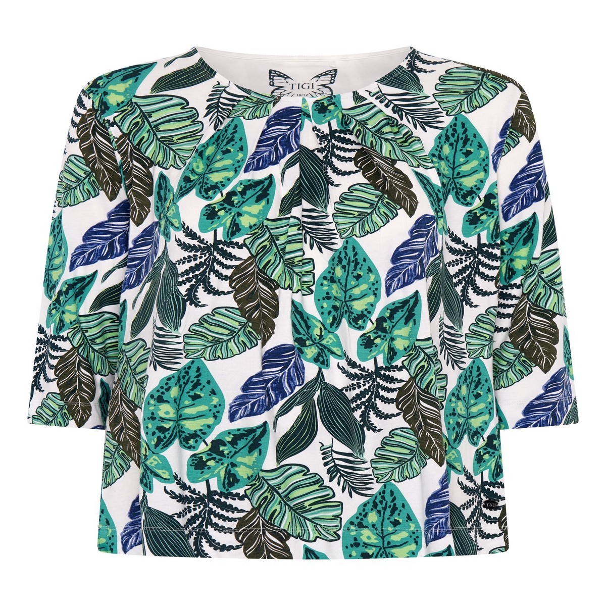 TIGI 10/12 Green Tropical Leaf Ruched Neckline Top - T25-37C