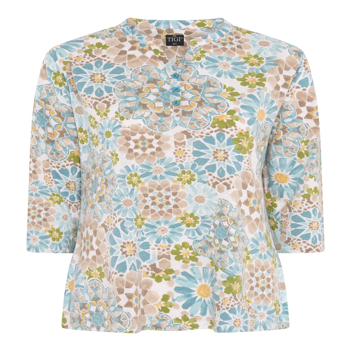 TIGI 10/12 Blue Mosaic Print Notch-neck Top - T25-42E