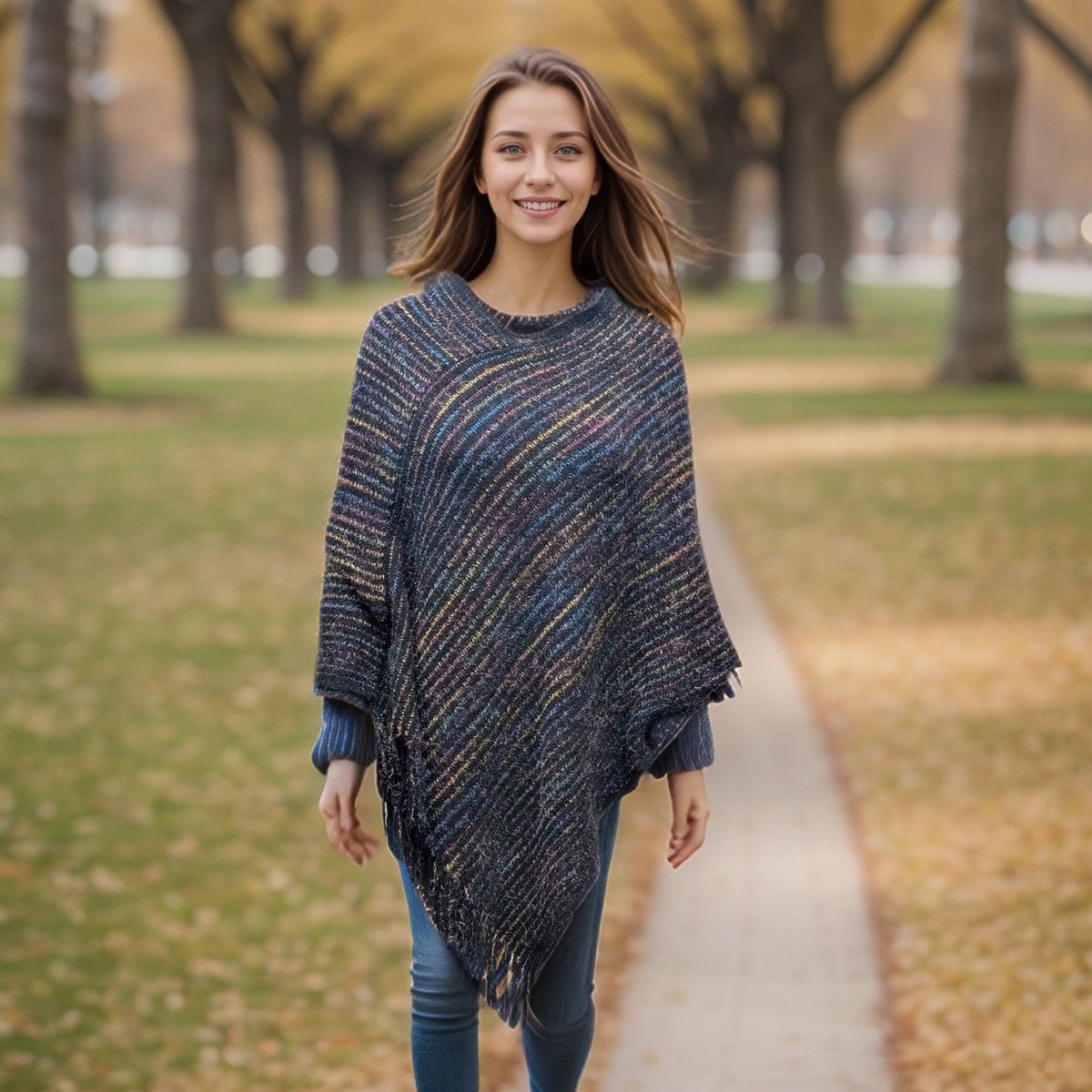 Black Ginger Catur Striped Knitted Poncho – Black