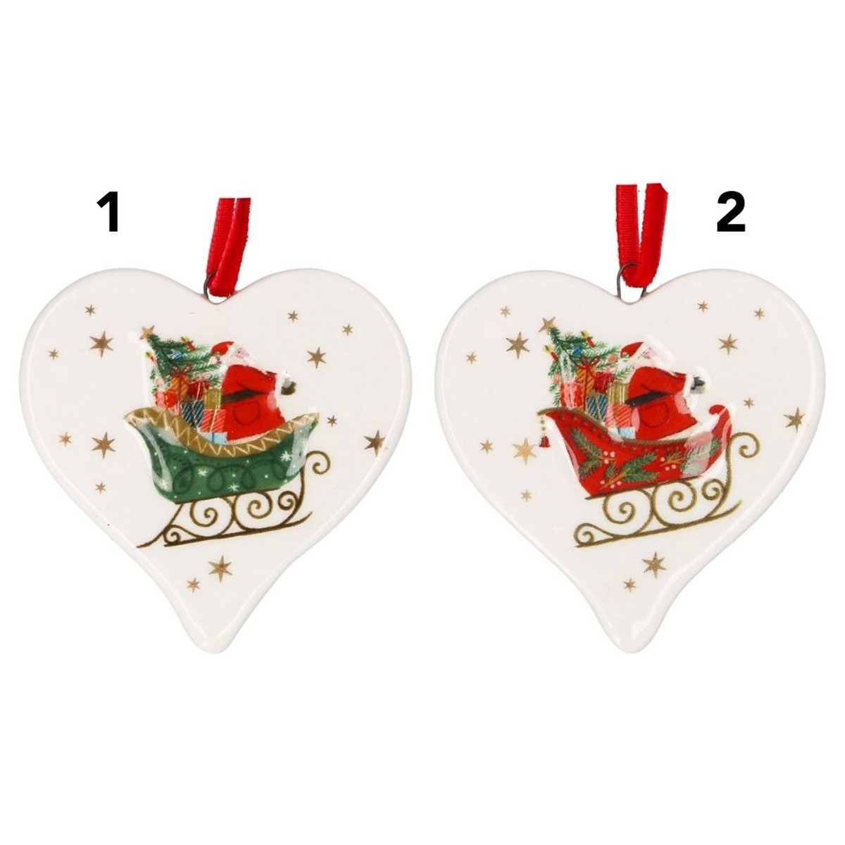 Gisela Graham 6cm Ceramic Heart Santa Hanging Decoration – (Choice of 2)